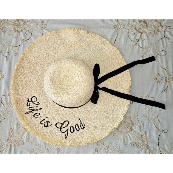 None Accessories - Womens Wide Brim Straw Hat Life‎ Is Good Adjustable Sun Hat Stands Imports